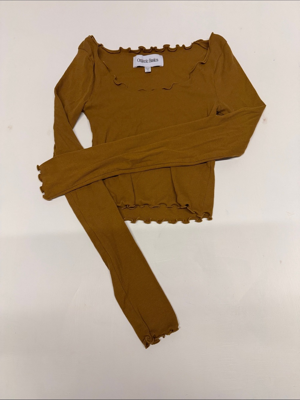 Organic Basics Ribbed Lettuce-Edge Long Sleeve Top - mustard brown yellow tan